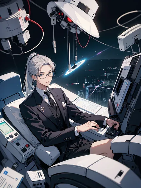 （Mastepiece）（High definition）Japanese male android in his 20s、Gray Hair、ponytail、hat、Tuxedo、tie、Wearing round rimless glasses、Sitting、It is connected to the machine by multiple cables.（charging）、background（A science fiction-like electronic world、A space th...