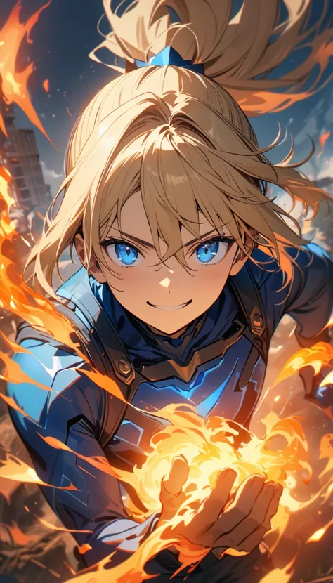 Young guy, short blonde hair, high ponytail, blue eyes, blue superhero form, sleeveless, smile, fire, fly, Human-Torch, Masterpiece, best quality, Full HD, 8k, ultra details, great graphic