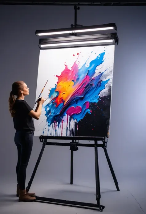 Modern graphic painting being photographed on an upright copy-stand, commercial studio, blackout, 4k advertising image.