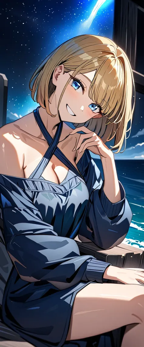 ((grin)), ((off-shoulder dress:1.3, criss-cross halter)), ((sundress)), ((cleavage)), ((blond hair, bob cut:1.3)), ((sunglasses, hand to sunglasses)), (((from side))), ((((upper body)))), bare legs, (()), (((a beautiful starry sky, the Milky Way shining be...