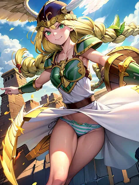 masterpiece,best quality, 1girl, 18yo, beautiful girl,BREAK,(Armor:1.8),(Helmet with wings:1.7),(Beautiful blonde,braid,Green Eyes:1.5),BREAK,(White Dress,Blue and white striped panties:1.4),BREAK,(smirk:1.3), (blue sky:1.2),(Running on clouds:1.3),(move c...