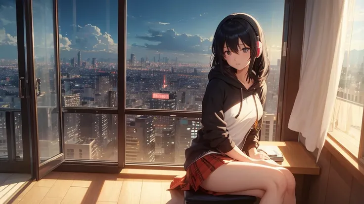 Absurd, Ultra-high resolution, (Official Art, beautifully、mysterious:1.2), Correct human body composition, Striking eyes, Oversized hoodie and short skirt, Shiny black hair, Larger than average bust, Girl listening to music with headphones, Looking out the...