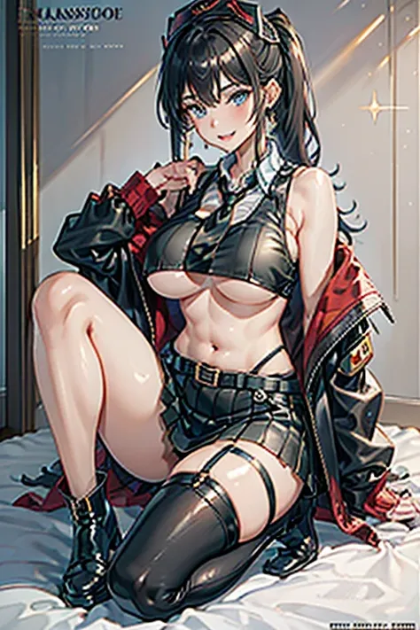 (masterpiece:1.2), (Military uniform magazine cover:1.4),best quality,PIXIV,Sweet girl , sexy posture,1girl, (perky chest:1.2), rolling upskirt by wind:1.6, (with sparkling eyes and a contagious smile),open mouth, (pointed chest:1.2),fishnets, black hair, ...