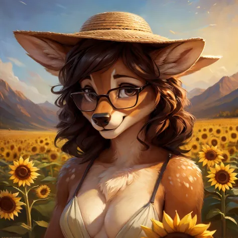 uploaded on e621, by Pixelsketcher, by Bayard Wu, by Thomas Benjamin Kennington , by Einshelm, by hioshiru and kenket, Chunie, portrait, solo anthro female deer doe, with small featureless breasts, clear dark blue, cinematic lighting, day, sunny day, sunfl...