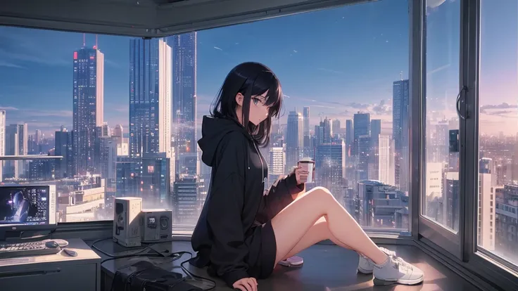 Absurd, Ultra-high resolution, (Official Art, beautifully、mysterious:1.2), Correct human body composition, Striking eyes, Oversized hoodie and short skirt, Shiny black hair, Larger than average bust, Girl listening to music with headphones, Looking out the...