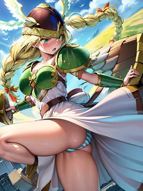 masterpiece,best quality, 1girl, 18yo, beautiful girl,BREAK,(Armor:1.8),(Helmet with wings:1.7),(Beautiful blonde,braid,Green Eyes:1.5),BREAK,(White Dress,Blue and white striped panties:1.4),BREAK,(scowl,blush:1.3), (blue sky:1.2),(Running on clouds:1.3),(...