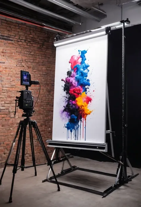 Modern graphic painting being photographed on an upright copy-stand, commercial studio, blackout, 4k advertising image.