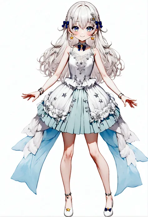 (vtubermodel:1.2) fullbody, 1girl, with silver-white hair with a faint blue sheen at the tips and deep blue eyes, smiling, (whit...