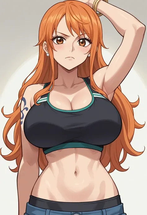 score_9, score_8_up, score_7_up, source_anime BREAK, anime screencap, Nami, orange hair, long hair, big breasts, upper body, black sports bra, navel, cleavage, 