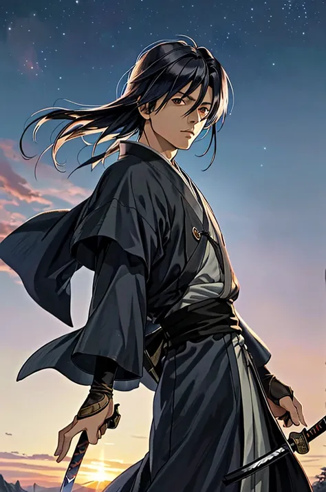 Highest quality，High resolution，((Hajime Saito_Rurouni Kenshin)) ，One person，（knife），（dark blue_coat），police officer，male，One personで，Middle Age，（all back_Hairstyle），Black Hair，（Dentitions_Rurouni Kenshin），strongest，Anime Style，（Night Sky_background），(Limb...