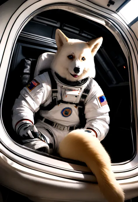 8K photos , only realistic ,Realistic picture, siberian dog Dress up as an astronaut be an astronaut Space work place brown dog sitting in a space shuttle