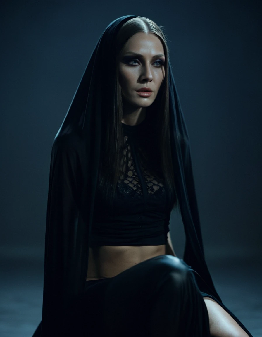 Fashionable of androgynous alien looking witch wearing veil, glowing eyes, beautiful evil slavic muscular woman, pale skin, long hair, futuristic design, minimal details, givenchy, photoreal, 200mm, hd, f/ 2.0, highly detailed, surreal, sitting, light smil...