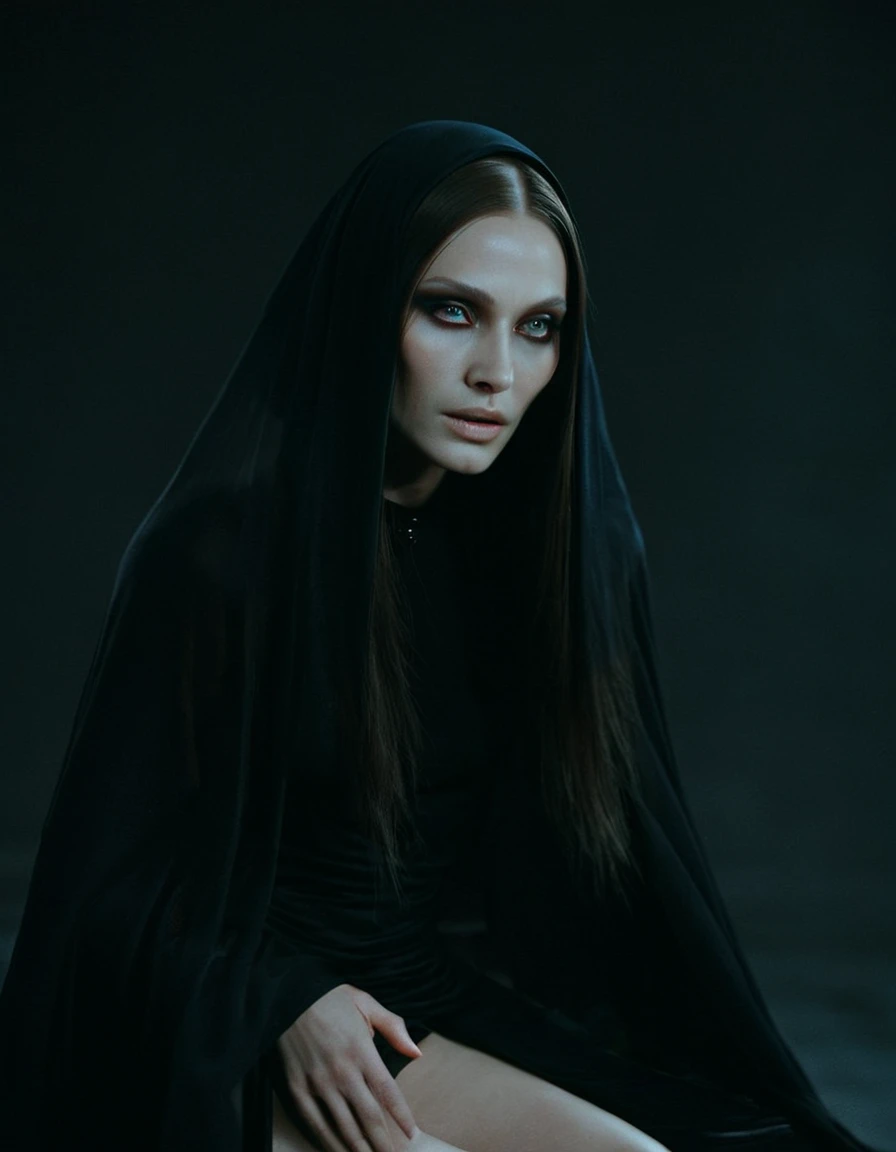 Fashionable of androgynous alien looking witch wearing veil, glowing eyes, beautiful evil slavic muscular woman, pale skin, long hair, futuristic design, minimal details, givenchy, photoreal, 200mm, hd, f/ 2.0, highly detailed, surreal, sitting, light smil...