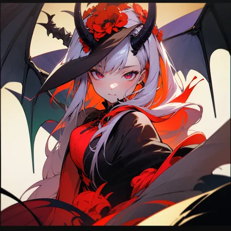 high resolution、Devil Girl。Seven Colors。Horns growing。With a bat cape