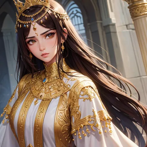 a beautiful arab princess, detailed face, beautiful brown hair, side eye, dramatic side eyeing,detailed clothing,highly detailed, 4k, ultra-realistic, photorealistic, intricate details, dramatic colors
Face facing forward and doing side eye