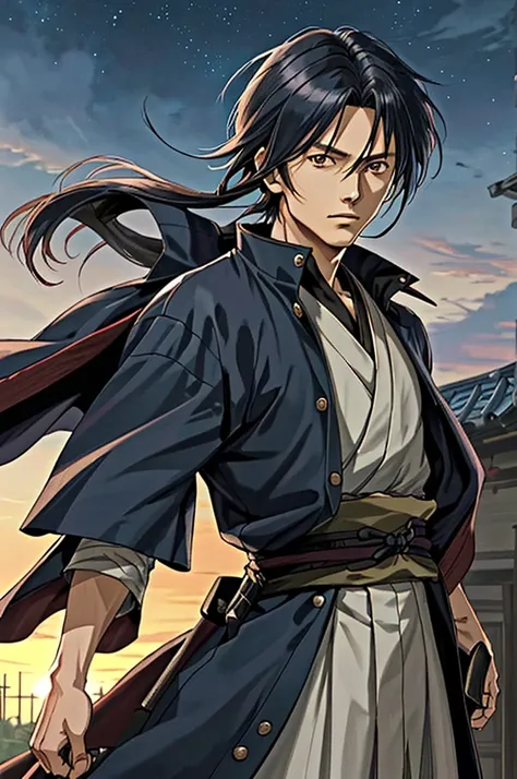 Highest quality，High resolution，((Hajime Saito_Rurouni Kenshin)) ，One person，（knife），（dark blue_coat），police officer，male，One personで，Middle Age，（all back_Hairstyle），Black Hair，（Dentitions_Rurouni Kenshin），strongest，Anime Style，（Night Sky_background），(Limb...