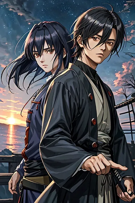 Highest quality，High resolution，((Hajime Saito_Rurouni Kenshin)) ，One person，（knife），（dark blue_coat），police officer，male，One personで，Middle Age，（all back_Hairstyle），Black Hair，（Dentitions_Rurouni Kenshin），strongest，Anime Style，（Night Sky_background），(Limb...