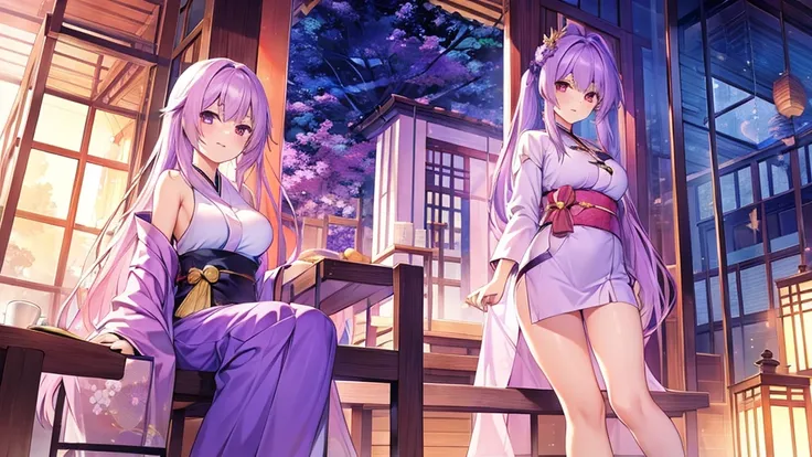 woman　clear　Light purple hair　　kimono　　Anime Style　　teahouse
