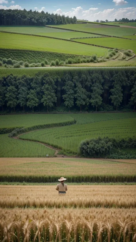 Wheat field, a farmer uncle with a straw hat standing in a wheat field, big clouds, blue sky, rice field, neat rice seedlings in the field, forest, hillside, secluded, rural, HD detail, hyper-detail, cinematic, surrealism, soft light, deep field focus boke...