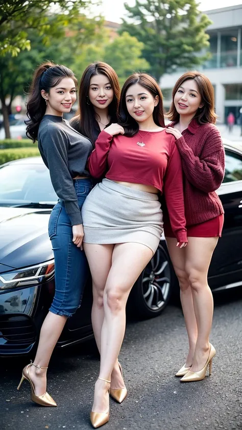 Four quadruplet sisters，Smiling fat woman  ((best quality)), ((masterpiece)), (detailed), Perfect face, Wearing a green loose sweatshirt and short skirt, The other was wearing a red loose plaid shirt and jeans, Thin waist and thick hips,  Soft curves, hype...