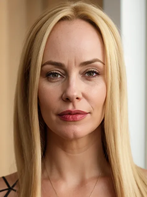 1 girl, (((Gretchen Barretto))), photorealistic photo of Gretchen Barretto, photo of a Swedish woman, cleavage, (((full lips and wide forehead))), middle age, (((Blonde long straight hair))), (((50-year-old woman))), body of 45-year-old woman, (((wrinkles ...