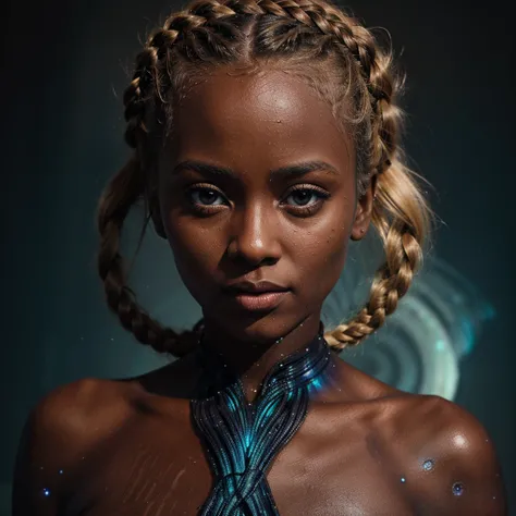 NSFW naked, uncensored, Hasselblad Award Winner, a somalian girl , medium blonde braided hairstyle ,(( dark bioluminiscent eyes )) ,whymsical, sublime, harmonious, sensual, colourful, 