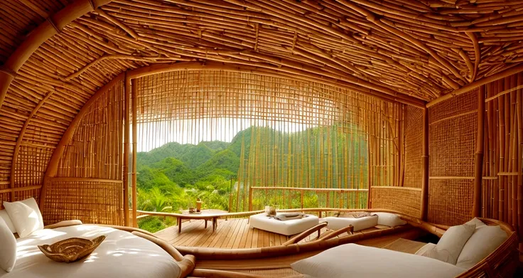 style = bamboo architecture, natural materials, organic forms, sustainable design, airy structures, intricate patterns, traditional craftsmanship, innovative construction, serene, harmonious, eco-friendly architecture, hyper-realistic, ultra high quality, ...