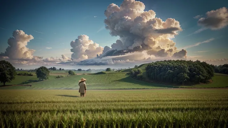 Wheat field, a farmer uncle with a straw hat standing in a wheat field, big clouds, blue sky, rice field, neat rice seedlings in the field, forest, hillside, secluded, rural, HD detail, hyper-detail, cinematic, surrealism, soft light, deep field focus boke...