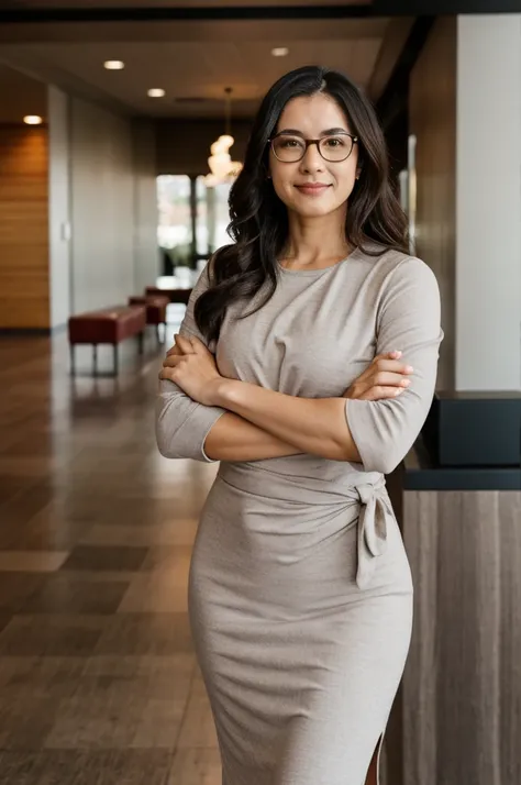 arafed woman in glasses standing in a lobby with her arms crossed, waist up portrait, sophisticated young woman, young business ...