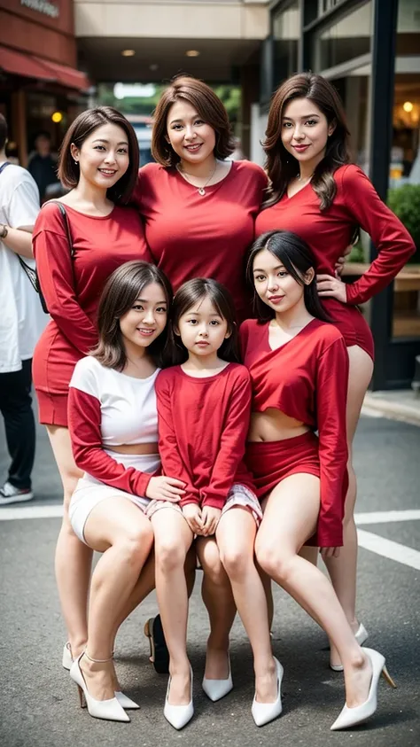 Four quadruplet sisters，Smiling fat woman  ((best quality)), ((masterpiece)), (detailed), Perfect face, Wearing a green loose sweatshirt and short skirt, The other was wearing a red loose plaid shirt and jeans, Thin waist and thick hips,  Soft curves, hype...