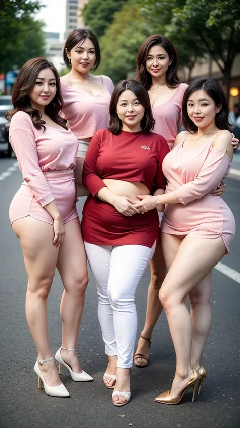 Four quadruplet sisters，Smiling fat woman  ((best quality)), ((masterpiece)), (detailed), Perfect face, Wearing a green loose sweatshirt and short skirt, The other was wearing a red loose plaid shirt and jeans, Thin waist and thick hips,  Soft curves, hype...