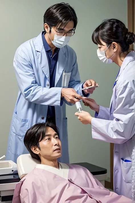 dentist　male　Handsome man in his 30s　Wearing a lab coat　Japanese　Visiting the clinic　Treating a patient The patient is elderly　Scene during treatment　Treatment in a private home　The patient is lying on the bed　患者とdentistの２People only　Patient with mouth ope...