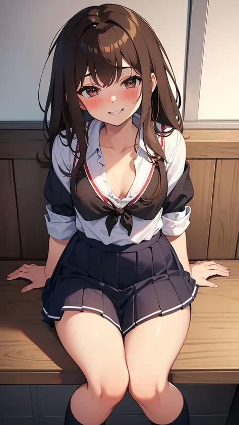 drunk girl ((mischievous smile)) ((messy uniform))((messy school uniform)) ((blushing)) ((sitting)) ((Brown hair)) ((the plan)) ()thin and very not voluptuous body)) ((small breasts)) ((small hips)) 