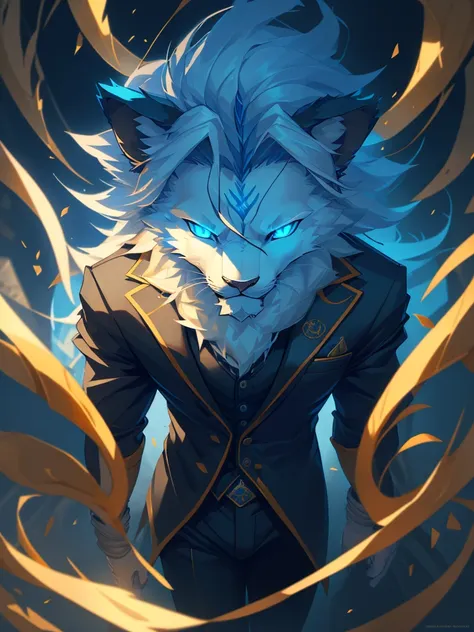 male, furry, Lion anthro, solo, white fur, blue eyes, (Realistic eye details 1.2), business suit wear, V0id3nergy, abs, Masterpiece, dramatic lighting, soft lighting, day, highly detail, Hair coiled