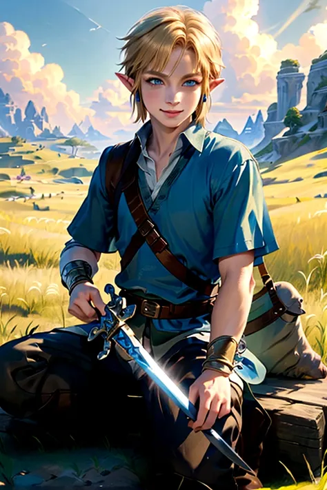 ((artwork)), (Highest quality), (detailed), ((1 boy)), (Link to the Legend of Zelda), smile, A boy with short blond hair and blue eyes is holding a sword、grassland、Beautiful sky、Sunset