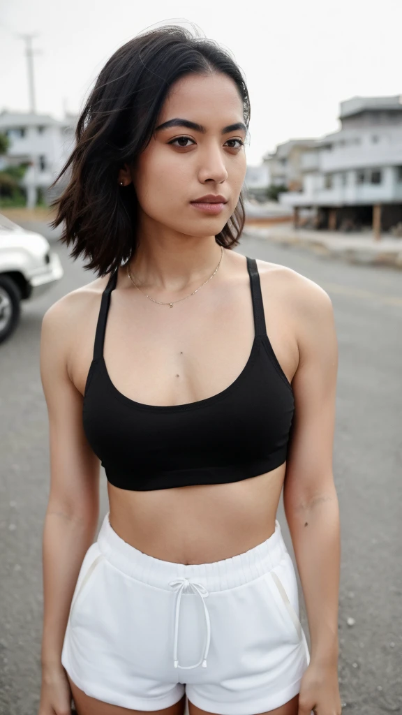 A woman padded bra and shorts saree,on the beach,fair face,round face, angle face, beautiful face, arafed woman in a white tank top and black shorts standing next to a white car, wearing crop top, sporty, wearing a sexy cropped top, croptop and shorts, sty...