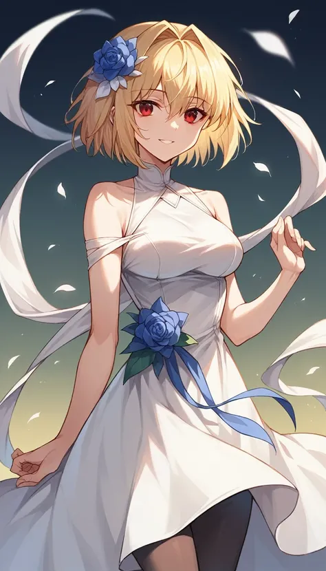 Arcueid,red eyes,short hair, a beautiful female wearing clothes standing with the head up and smiling with a bright blue flower, 1girl, arcueid brunestud, solo, hair ornament, blonde hair, flower, red eyes, short hair, hair flower, pantyhose, dress, white ...