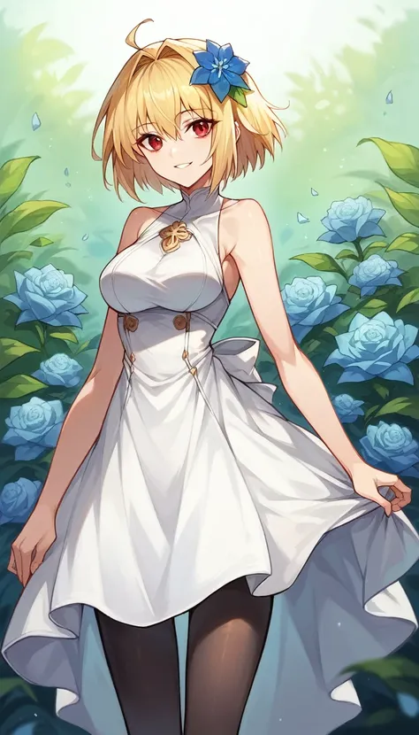 Arcueid,red eyes,short hair, a beautiful female wearing clothes standing with the head up and smiling with a bright blue flower, 1girl, arcueid brunestud, solo, hair ornament, blonde hair, flower, red eyes, short hair, hair flower, pantyhose, dress, white ...