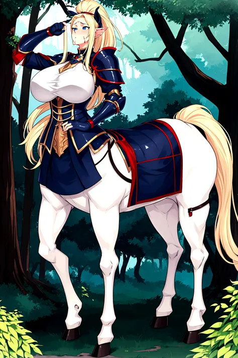 Anime Centaur.1 girl. Cute girl. Centaur girl, Half-human. Monster girl. Centaur. The girl is a horse. Blonde. Long hair. Hair ornament. Her hair is pulled back into a high ponytail. Blue eyes. Beautiful eyes. Perfect eyes. Expressive eyes. Ideal face. Fac...