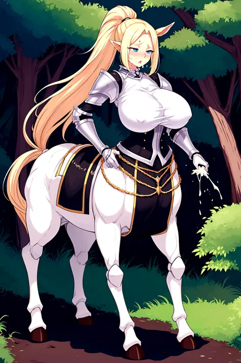 Anime Centaur.1 girl. Cute girl. Centaur girl, Half-human. Monster girl. Centaur. The girl is a horse. Blonde. Long hair. Hair ornament. Her hair is pulled back into a high ponytail. Blue eyes. Beautiful eyes. Perfect eyes. Expressive eyes. Ideal face. Fac...