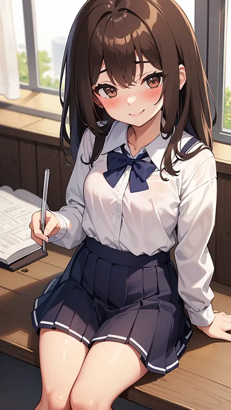 drunk girl ((mischievous smile)) ((messy uniform))((messy school uniform)) ((blushing)) ((sitting)) ((Brown hair)) ((the plan)) ()thin and very not voluptuous body)) ((small breasts)) ((small hips)) 