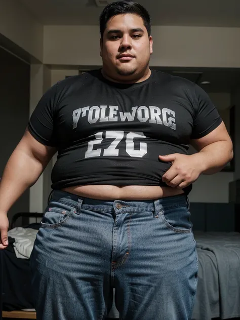 Obese male athlete,, black hair, whole body, Gray jeans 