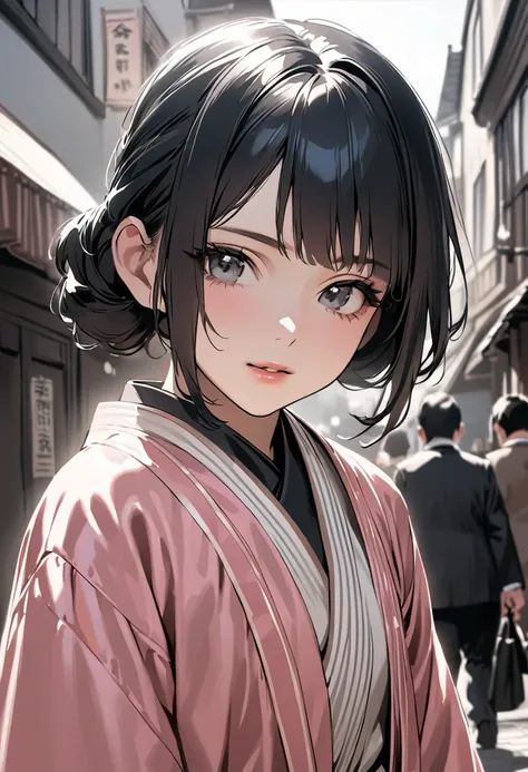 sepian monochrome,photorealistic,(Masterpiece, BestQuality), (Portrait of girl walking in the town),cute,detailed face,tween,student girl of the Taisho era,Japan in the 1920s,Taisho era pink kimono, darkblue pleated long skirt, brown boots,depth of field,