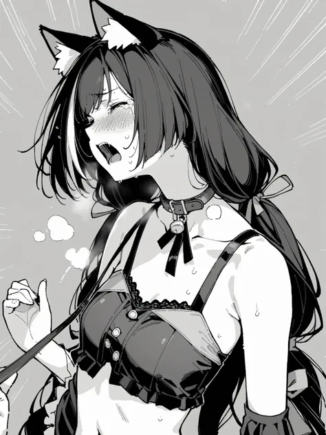 greyscale, monochrome, animal_ears, collar, cat_ears, 1girl, karyl, closed_eyes, detached_sleeves, open_mouth, low_twintails, twintails, blush, long_hair, tears, sweat, multicolored_hair, breasts, cat_girl, small_breasts, solo, animal_ear_fluff, leash, bar...