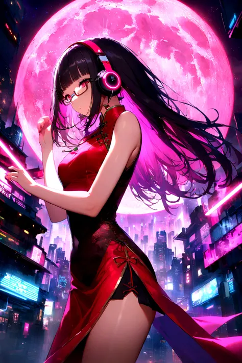 (extremely detailed fine touch:1.3), solo, (((semi-rimless eyewear:1.3))), (headphone:1.2), short hair, blunt bangs,bare arms,1 girl, Chinese_clothes, metallic black titanium and pink, cyberhan, cheongsam, cyberpunk city, dynamic pose, luminous hair access...