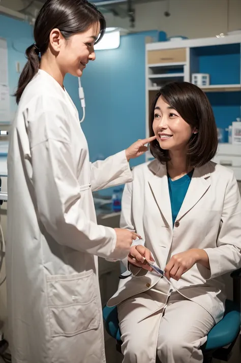 dentist　woman　50th Generation　Wearing a lab coat　Japanese　Visiting the clinic　Treating a patient 