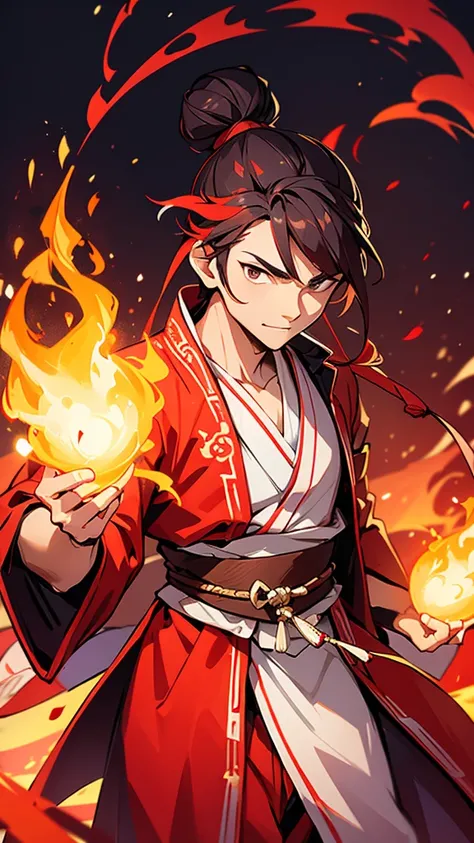 A young ancient Chinese man wearing a red Hanfu robe, his hair in a bun with flames on his back.