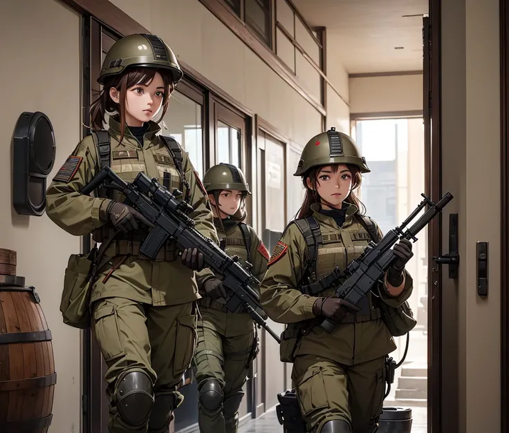 A group of female soldiers in reddish-brown uniforms、Full helmet、Military Pants、Individual equipment set、Patrolling the corridors、Write details、masterpiece、best quality、Highly detailed CG、8K picture quality