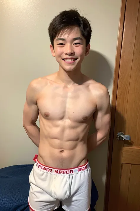 A Japanese boy rolls up his clothes to reveal his stomach and pectoral muscles、Anatomically correct、14-year-old boy、Smiling in a friendly manner、Relaxed atmosphere、The whole body is visible、Underdeveloped body、boxer shorts