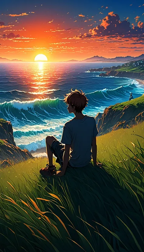 High quality, 8K Ultra HD. The image shows a boy sitting anime watching 
 The terrifying ocean at sunrise from a grassy hill, with a background of vibrant blue sky and red and orange hues of the sun. anime art wallpaper 4k, anime art wallpaper 4K, anime ba...